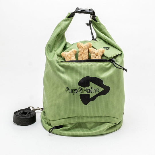 Green pup 2 point travel dog bag with zippered bowls compartment